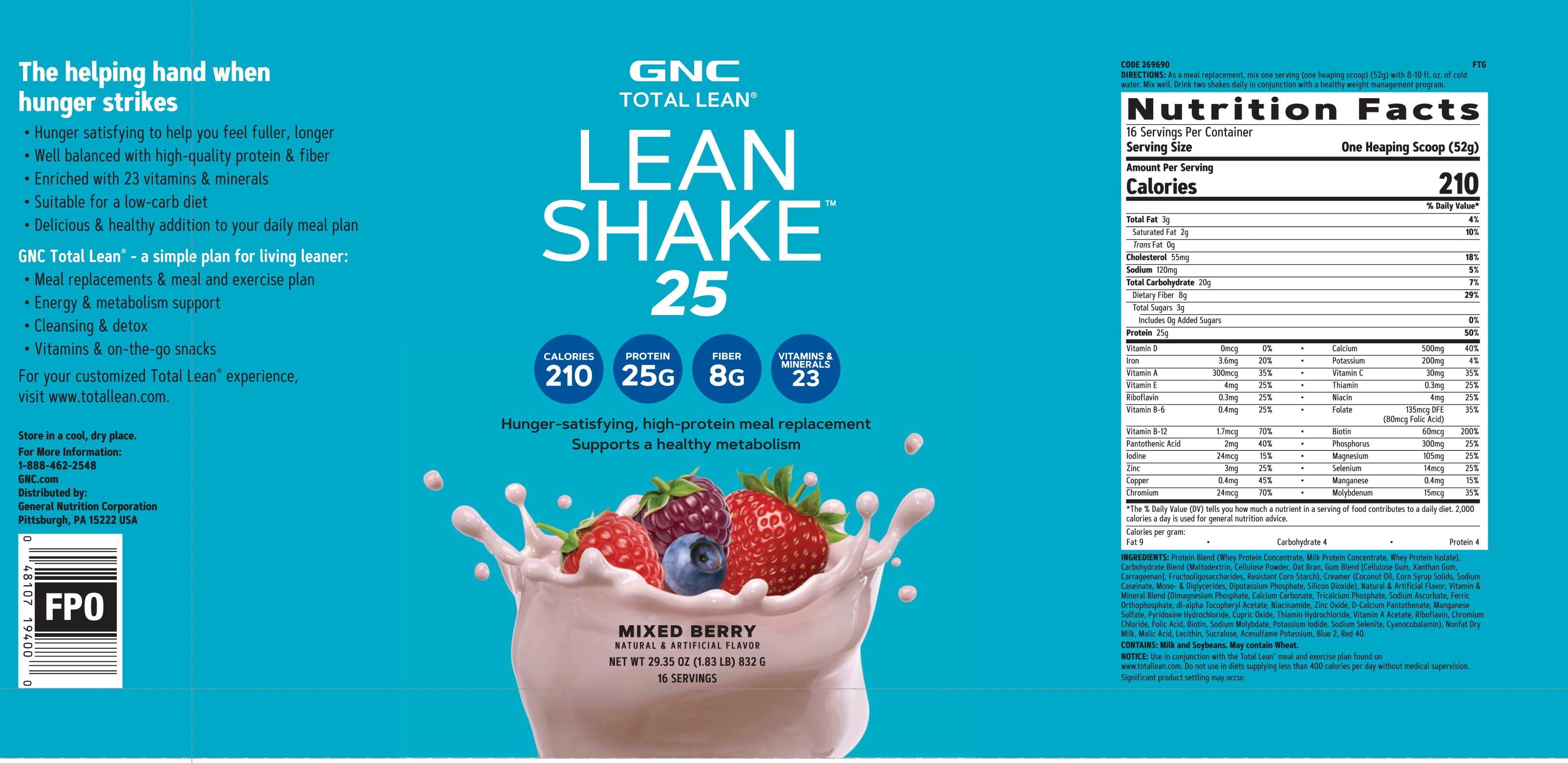 GNC Total Lean Shake 25 - 14 Serving - 1.6 Lbs, 750gm Choose Flavour - Free  Ship