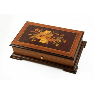 Traditional 50 Note Music Box with Music Instruments and Flower Inlay - Tristesse