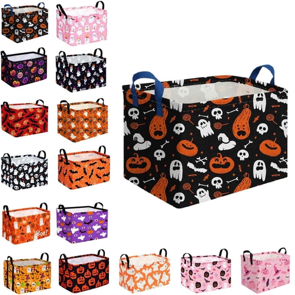 Rectangular Halloween Horror Ghost Storage Basket,Scary Pumpkin Basket,Halloweens Party Baskets,Halloween Candy Storage Baskets with Handles,Collapsible Storage Box Bin (O-1PCS)