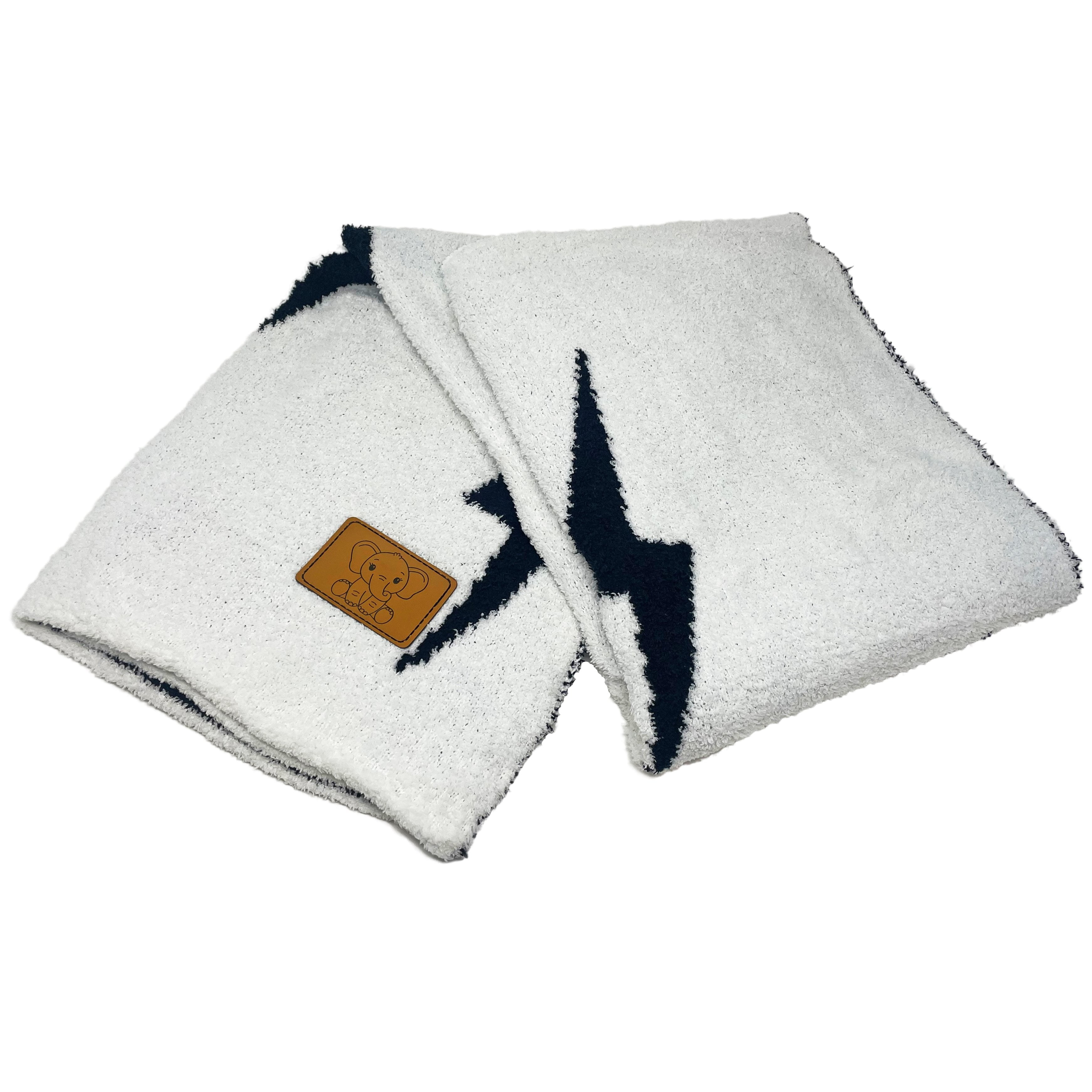 Lightning Bolt Baby Blanket 28"x40" with Leather Patch - Soft Knitted Throw - Receiving Blanket/Newborn Gift Essential for Nursery Black/White