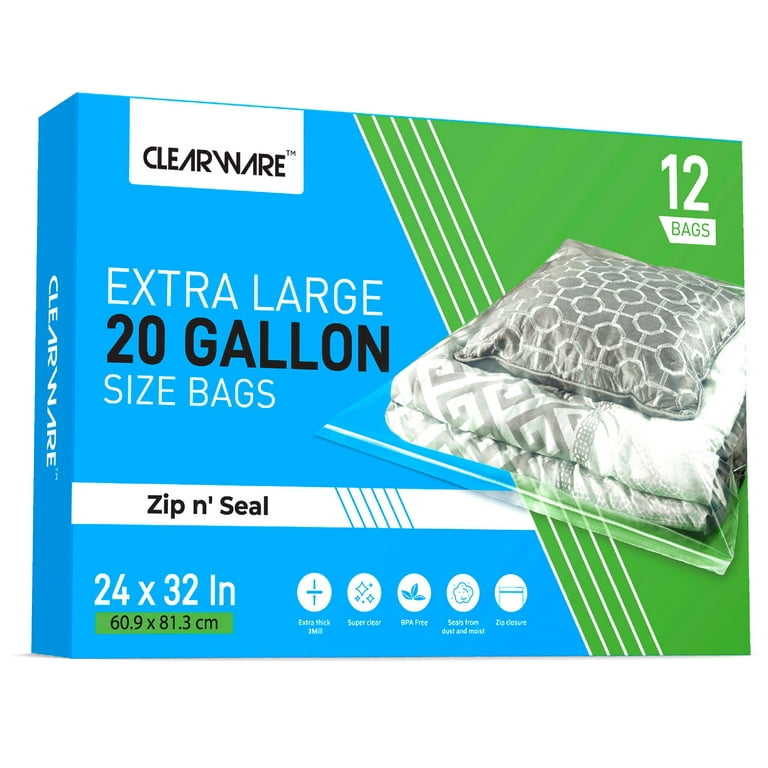 12 Count - Large Plastic Bags With Zipper Top, 20 Gallon Size 24 x 32,  Extra Large Storage Bags, For Clothes, Travel, Moving, BPA-Free, Heavy Duty