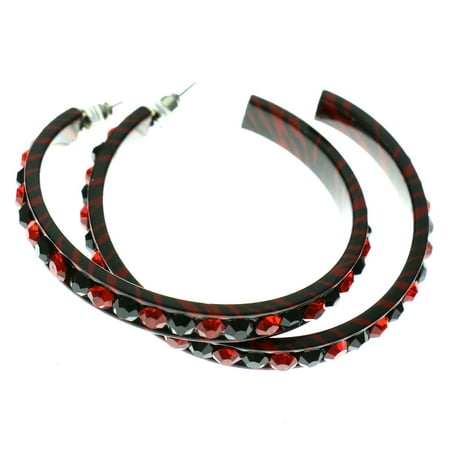 Red And Black Zebra Stripe Hoop Earrings With Bright Faceted Crystal Accents