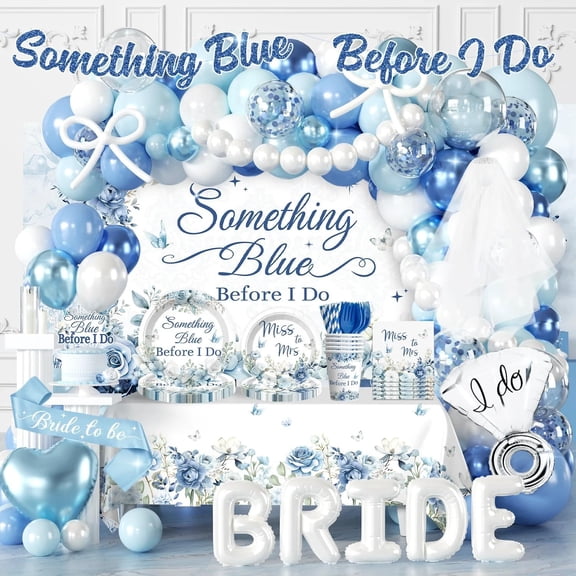 271 PCS Something Blue Before I Do Bridal Shower Decorations Set, Serves 25, with Plates, Napkins, Balloon Arch, Veil & Sash, Backdrop & Banner for Blue Bridal Shower Decorations
