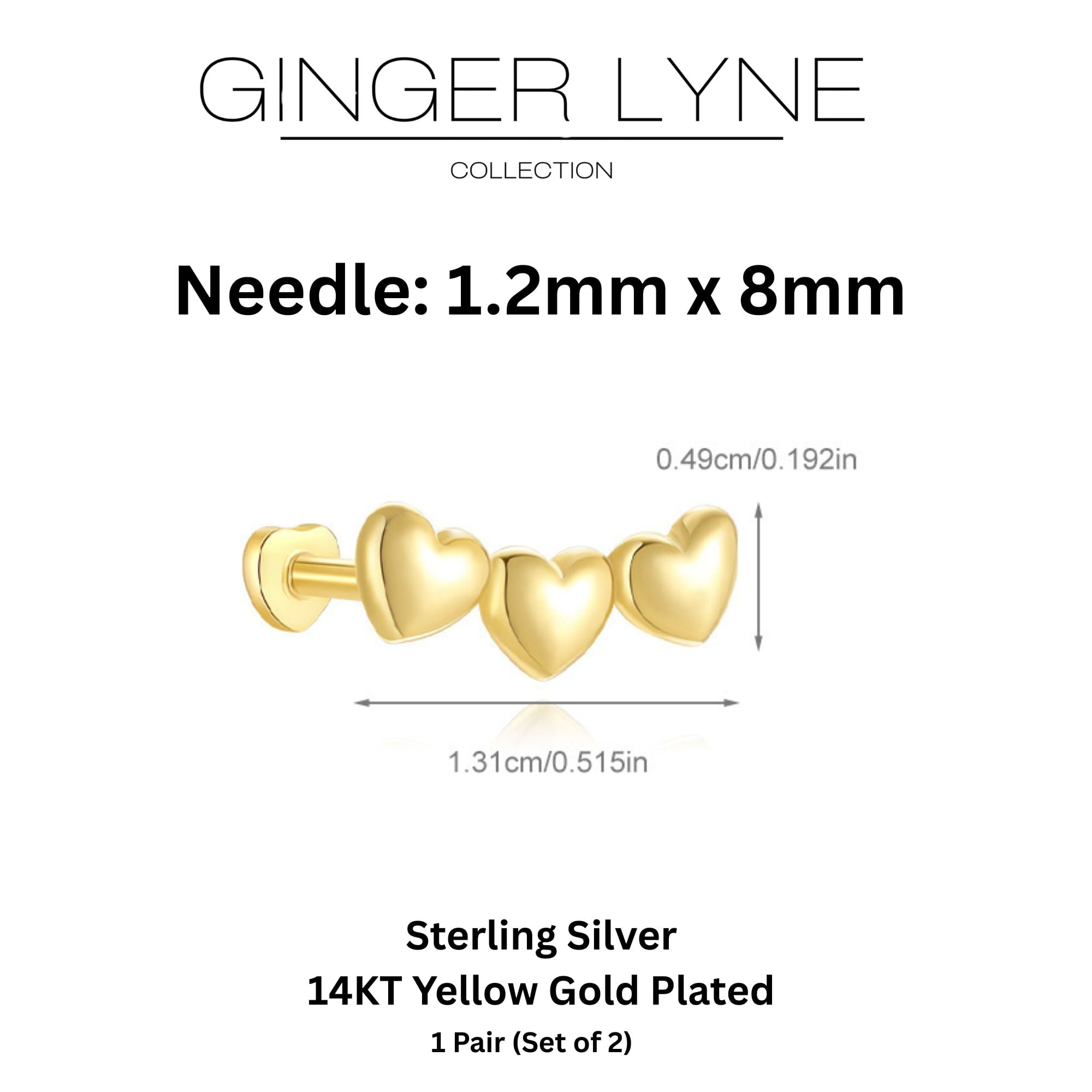 Heart Crawler Flat Back Earrings for Cartilage Helix Tragus Lobe Gold over Sterling Silver Studs Pair by Ginger Lyne