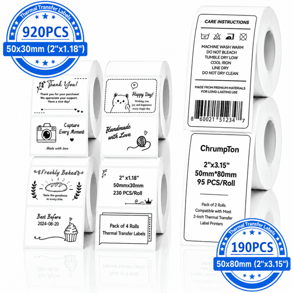 ChrumpTon 6 Rolls Thermal Transfer Labels, 1110 Count Coated Paper Labels, 2" x 1" & 2" x 3.15" Self Adhesive Barcode Labels for Shipping, Inventory, Product & Address Labeling