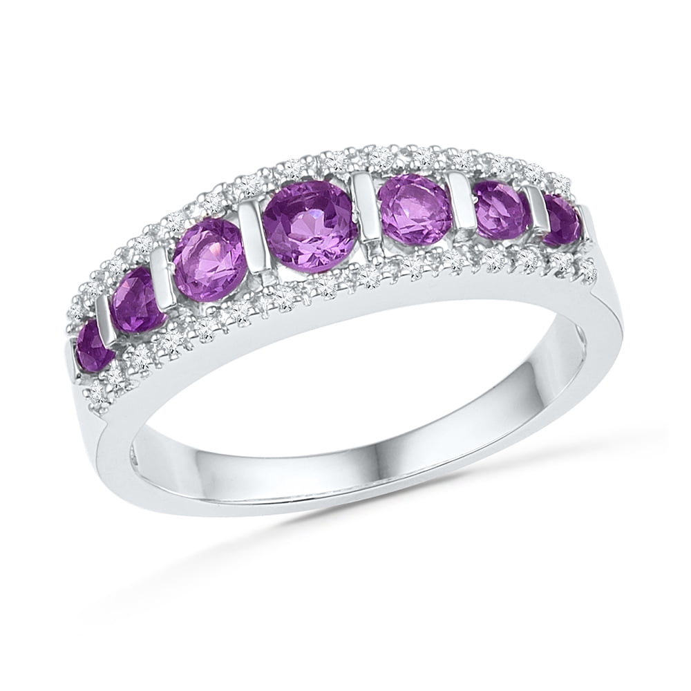 Size 7 Solid 10k White Gold Round Purple Simulated Amethyst And White Diamond Prong Set Wedding Band OR Fashion Ring (1... by AA Jewels