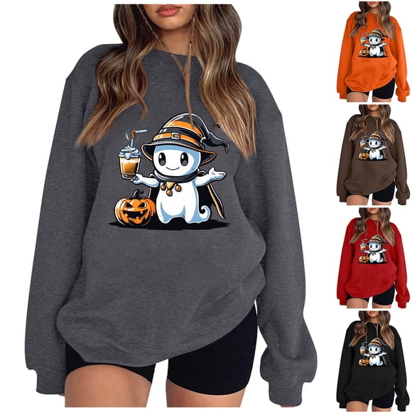 VKOYWKM Women's Halloween Sweatshirts Ghost Graphic Sweatshirts Crewneck Long Sleeve Oversized Sweatshirt Vintage Spooky Halloween Pullover Sweatshirts
