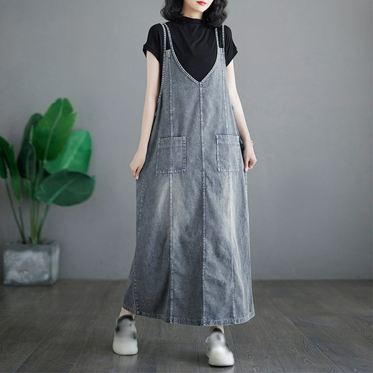 knee length dresses for ladies Anna-Kaci Distressed Denim Overall Midi Dress - Pink