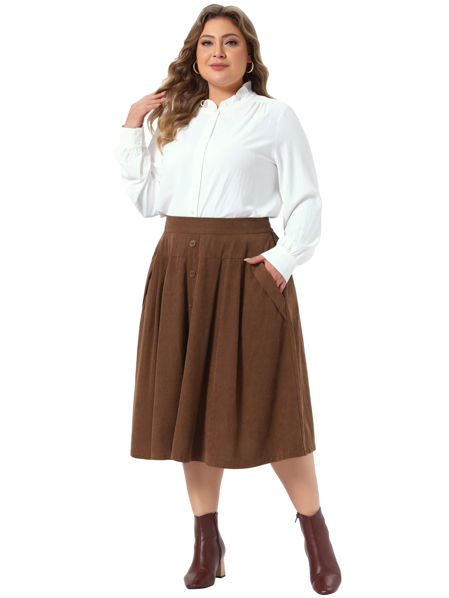 DARING DIVA Women's Plus Corduroy Midi A-line Soft Corduroy Skirt 3X Brown