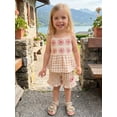 thumbnail image 5 of BemeyourBBs Toddler Baby Girl Summer Clothes Infant Baby Girls 2 Piece Outfits Crochet Granny Square Floral Embroidered Eyelet Sleeveless Plaid Print Tank Tops and Ruffled Shorts Set, 5 of 9