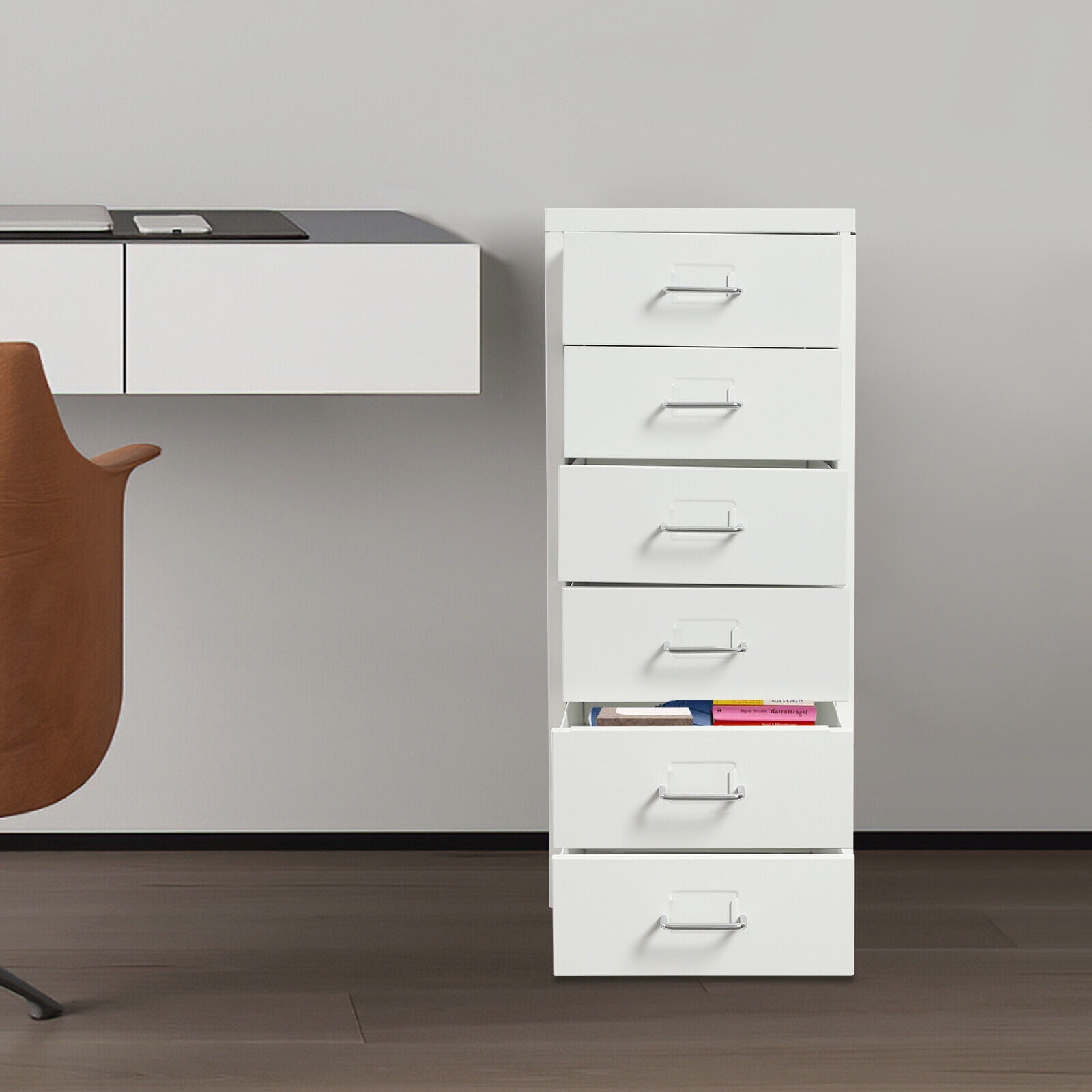 6 Drawer Vertical Rolling Office Drawers, Metal File Cabinet with 4 Wheels, Under Desk Cabinet with Tag Jacks, File Cabinet with Lock, File Cabinet Office Organization and Storage (White)