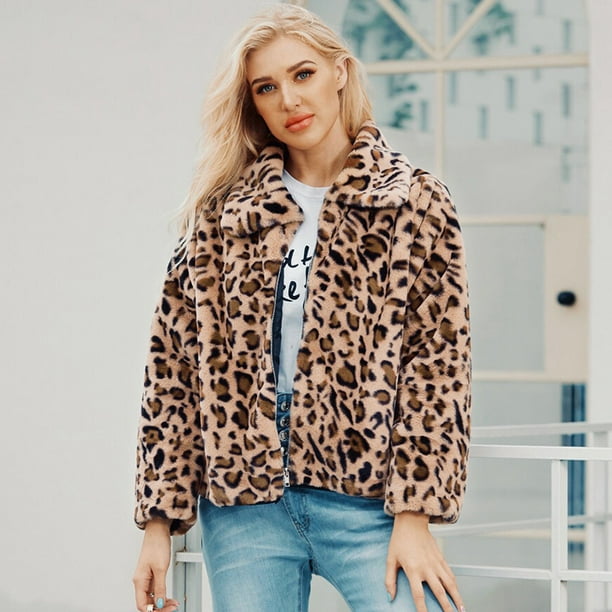 Women Faux Fur Jacket Coat Leopard Print Warm Fleece Zip Up Turn-down ...