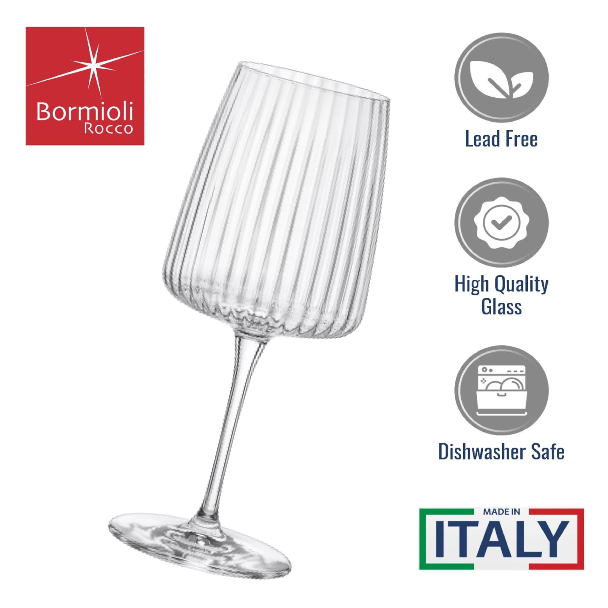 Bormioli Rocco Exclusiva Chardonnay Glasses, Set of 4 - 12.5 Oz. Ribbed Star Glass Stemware with XLT Treatment for Enhanced Durability - Long Stem Italian Wine Glasses - Dishwasher Safe