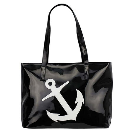Luxury Divas Black White Patent Leather Anchor Beach Bag Tote Black White Patent Leather Anchor Beach Bag Tote