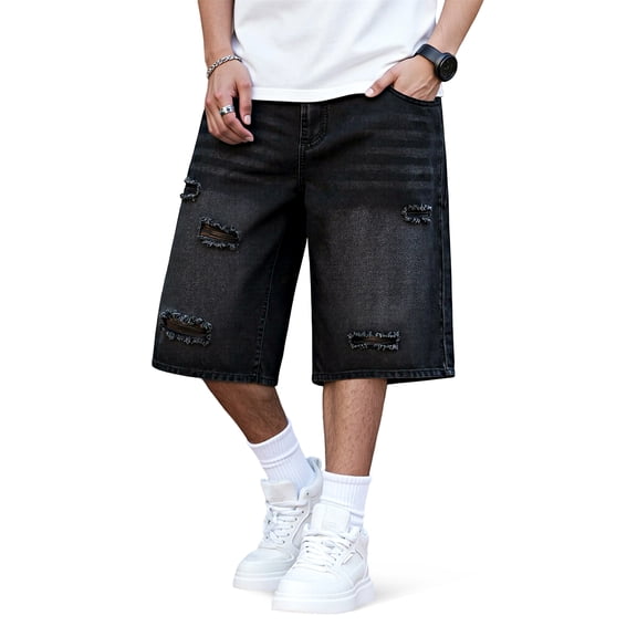 GINGTTO Men's Ripped Baggy Fit Below Knee Denim Shorts