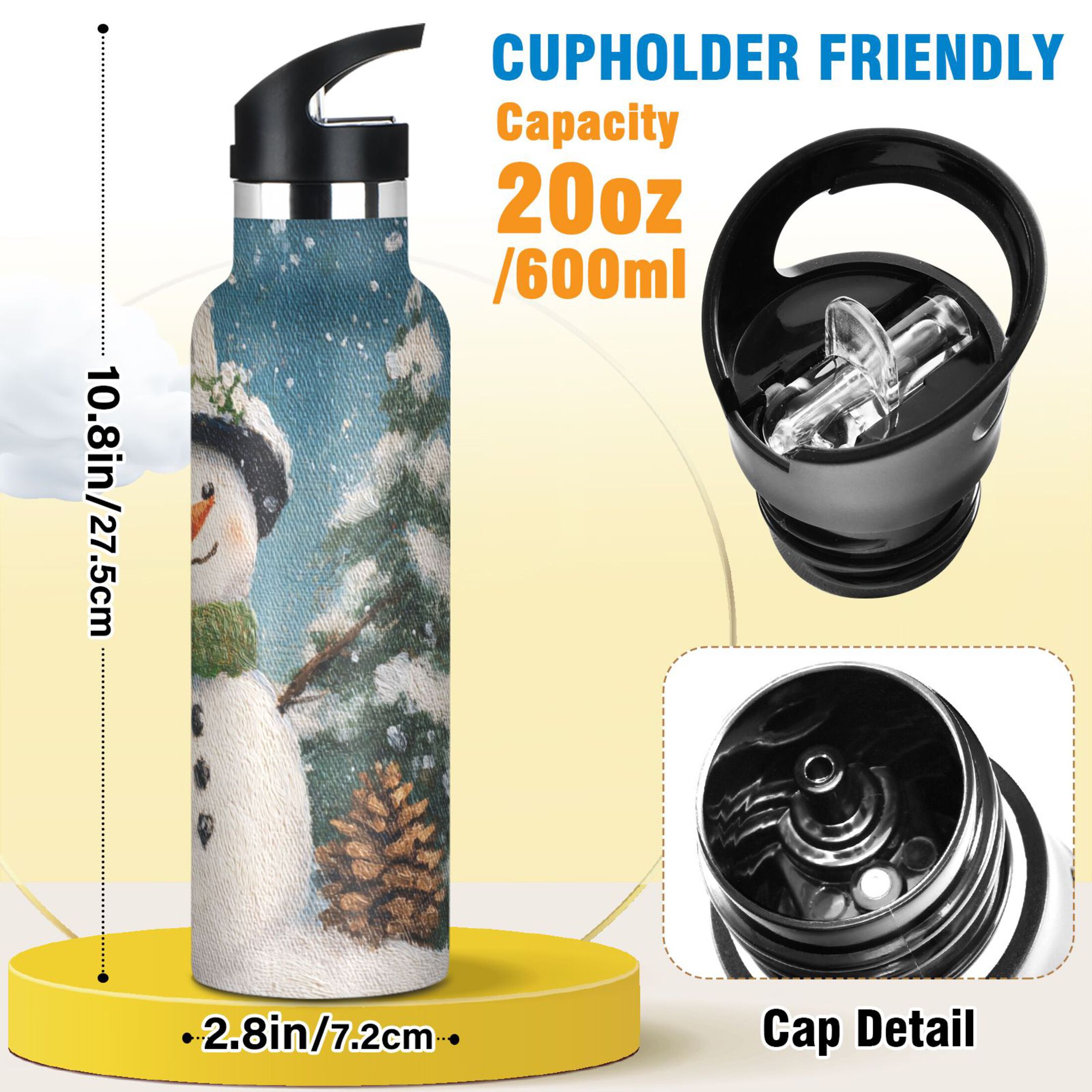 600ML Stainless Steel Insulated Cup Sports Water Bottle Portable Thermos Cup Water Glasses Insulated Tumblers Convenient and Durable Green Cartoon Christmas Snowman