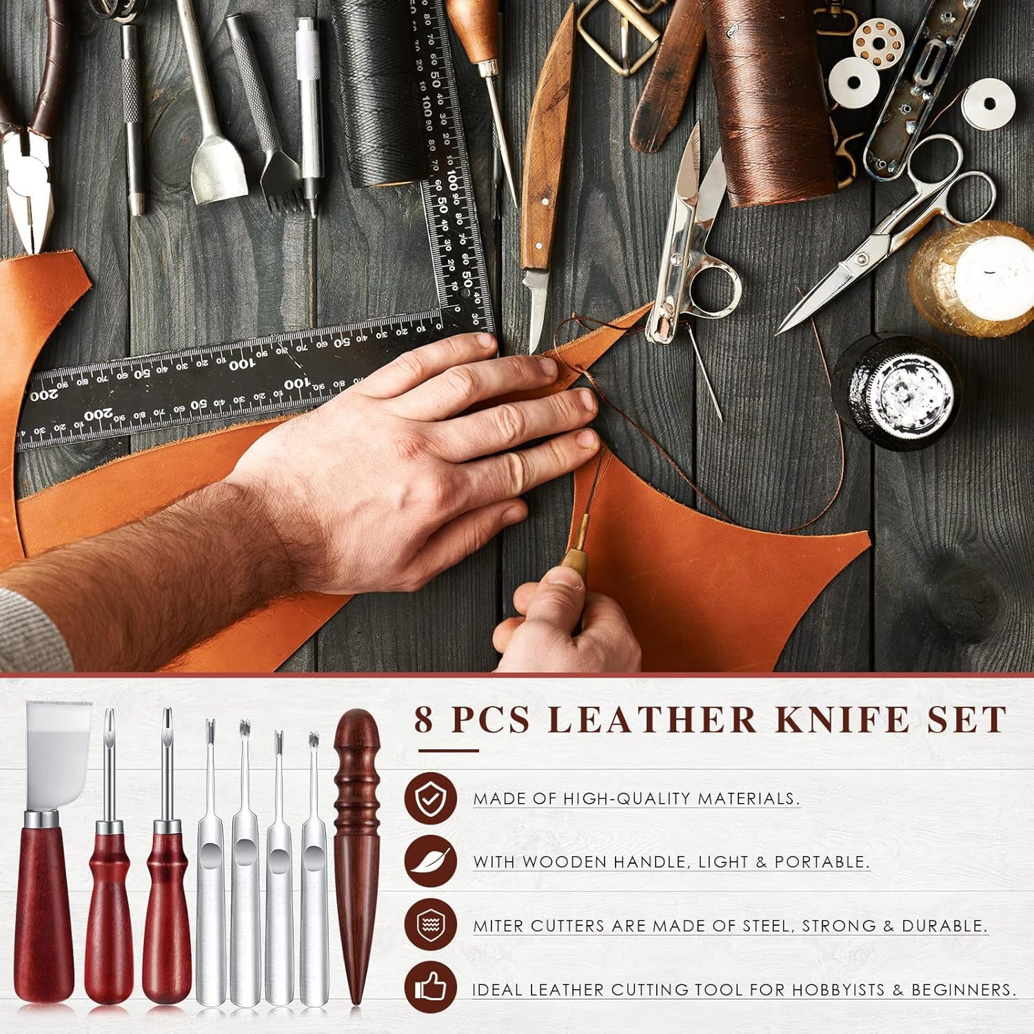 8 Pieces Leather Knife Set, Including Leather Edge Beveler Groover, Cutter Wood Leathercraft Edge Slicker Burnisher Crafting Tools Skiving Knife Leathercraft Accessories