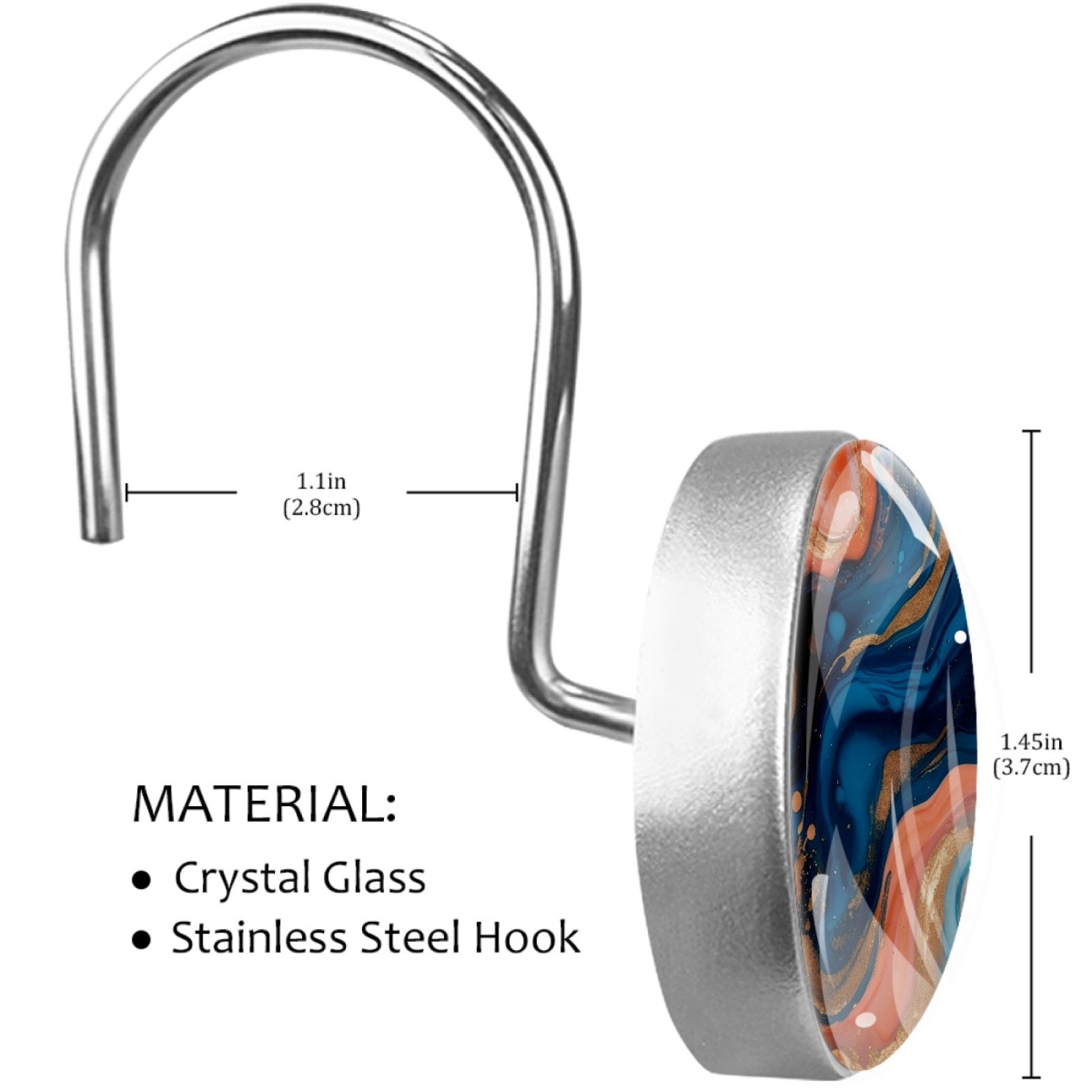 Blue Pink Marble 12 Pack Shower Curtain Hooks, Decorative Shower Rings for Shower Curtain Rods, Stainless Steel, Rust Resistant, Round Curtain Hooks for Bathroom