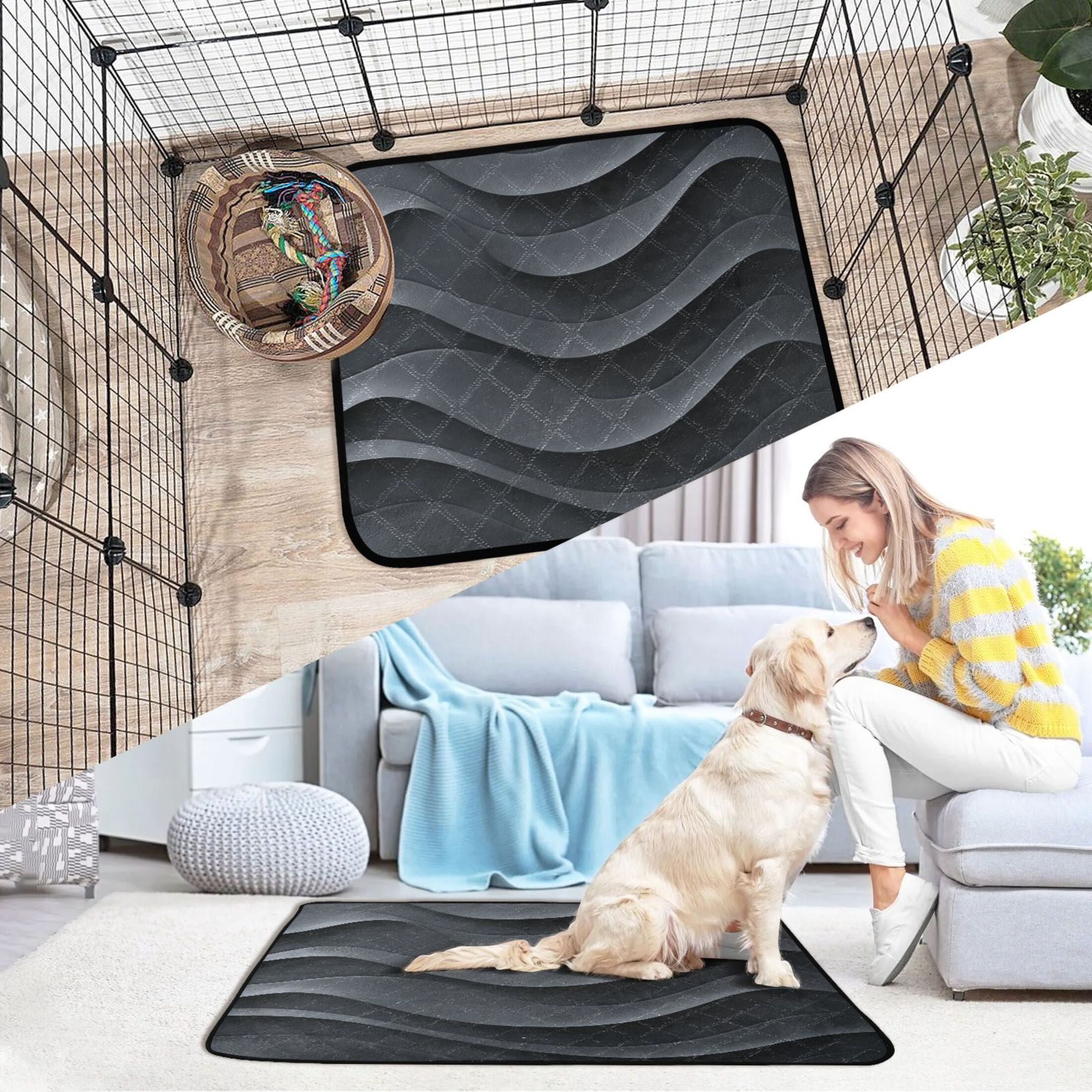 Washable Pet Pee Pads with Super Absorbent Reusable Training Pads for Dogs & Cats Dark Gray Wave Pattern