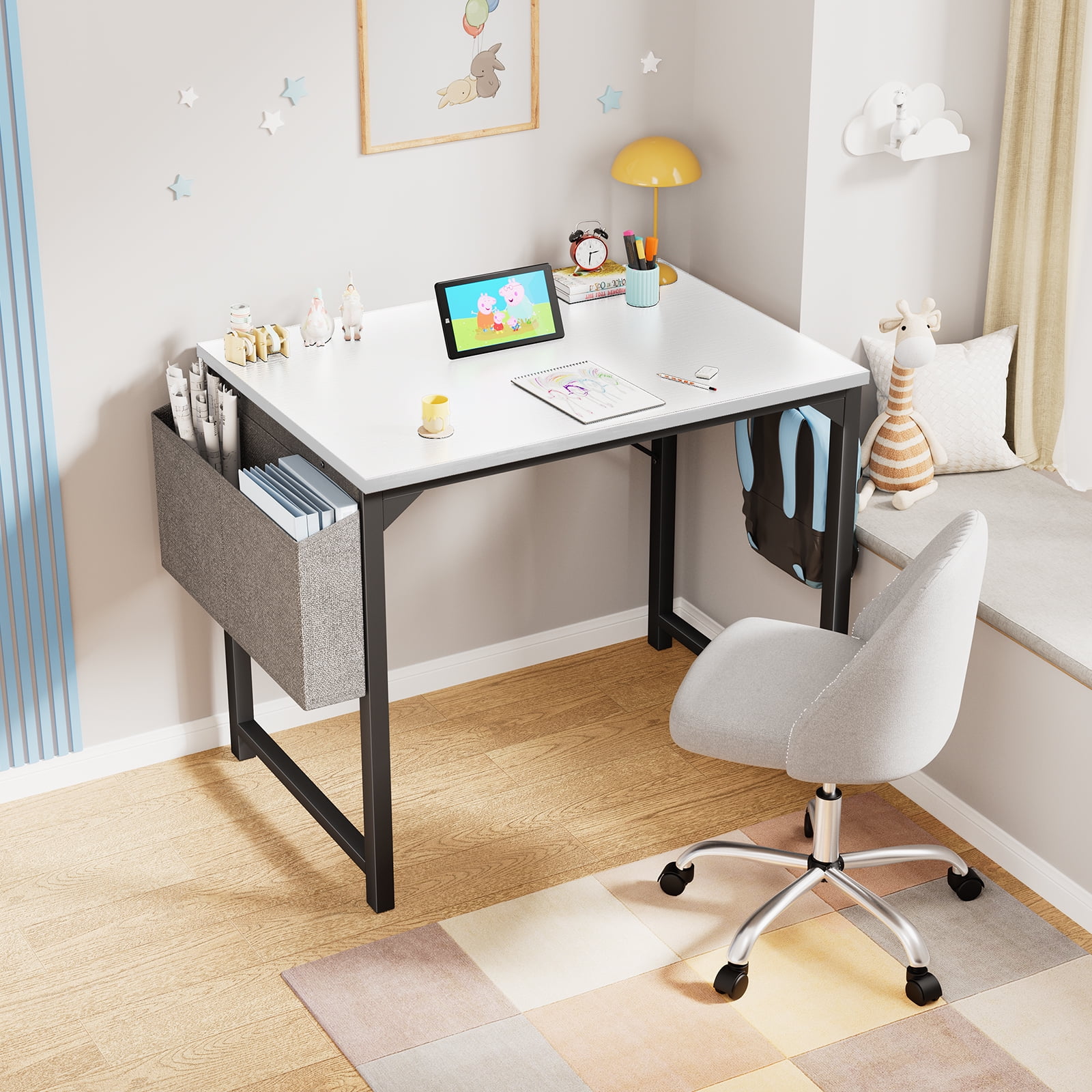 Aidoly 32 inch Small Computer Desk Writing Study Work Office Table Modern Simple with Storage Bag and Hook for Home Bedroom, White
