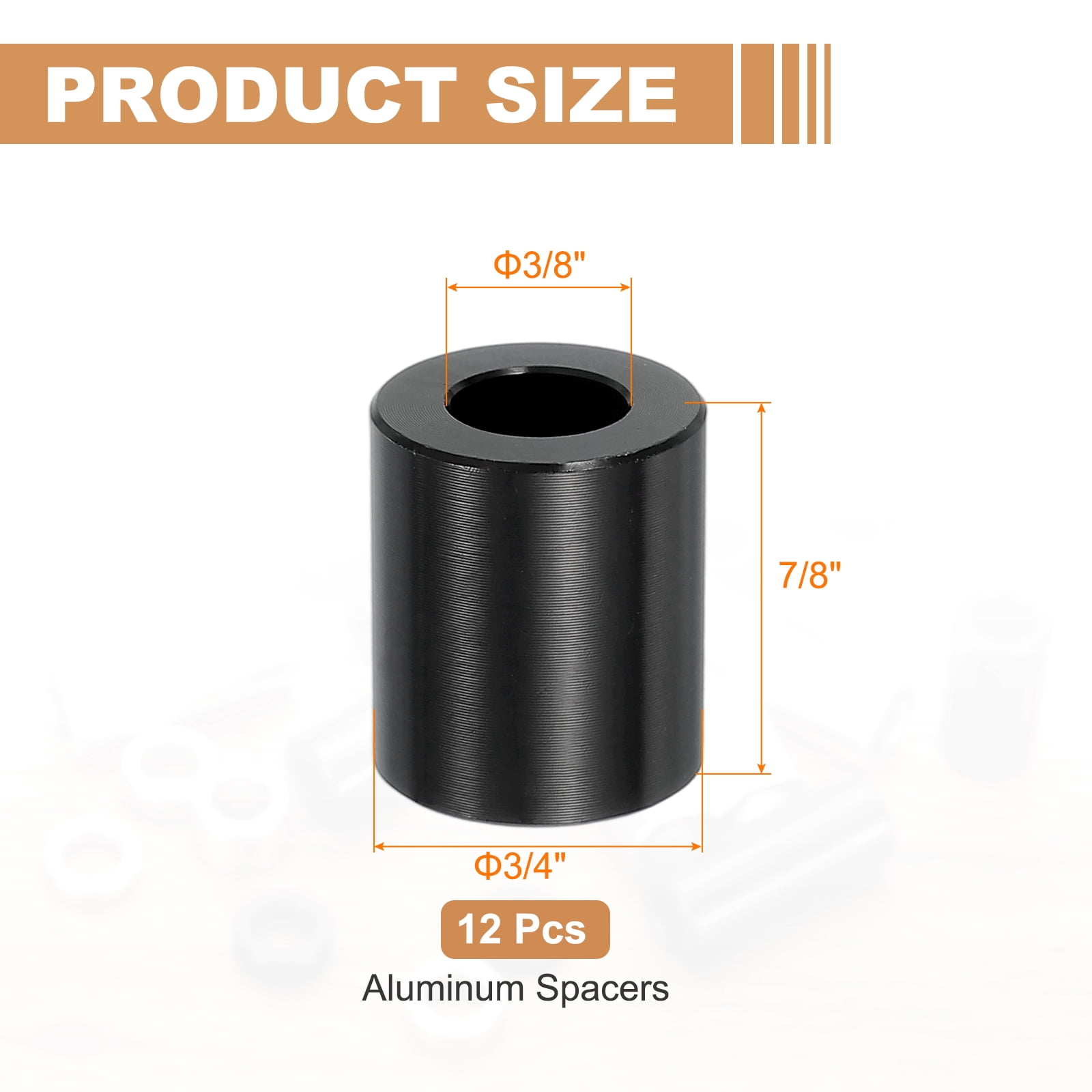 12PCS Aluminum Spacers, 3/8" x 3/4" Metal Spacers Aluminum 7/8" L Spacer Screw Standoff Round Unthreaded Standoff Bushing for 3/8inch Screw Bolts, Black