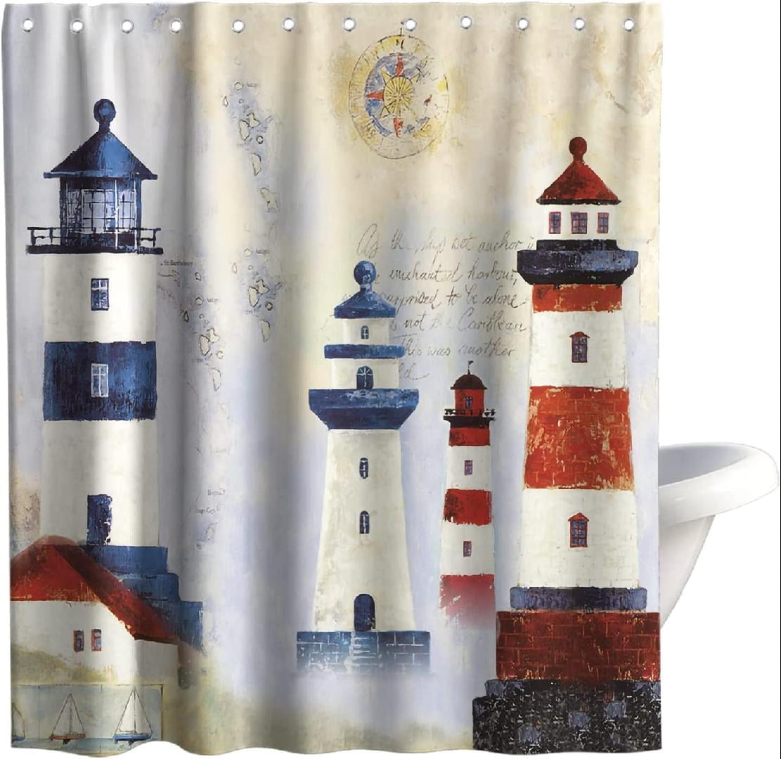 Nautical Lighthouse Retro Theme Fabric Shower Curtain Sets Bathroom