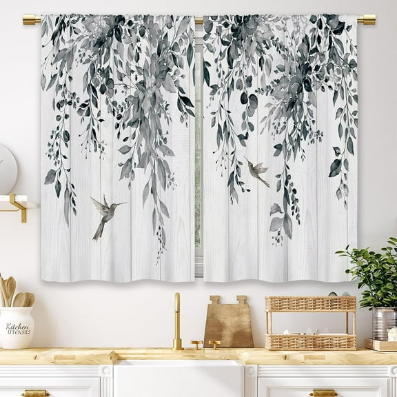 Farmhouse Grey Eucalyptus Bird Kitchen Curtains Floral Botanical Leaf Wooden Hummingbird Small Short Cafe Window Curtains Flower Plant Bathroom Drapes Treatment Tier Curtains (27.5x39 Inch)