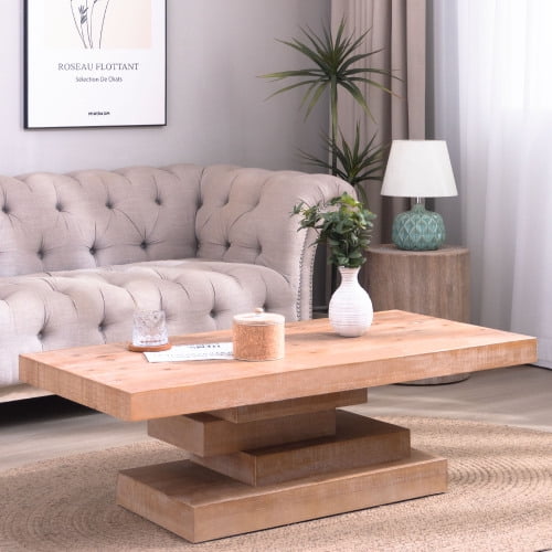 Modern Rustic Farmhouse Wood Block Base Rectangular Wood Coffee Table, Natural Wood