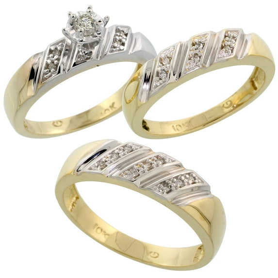 10k Yellow Gold Diamond Trio Wedding Ring Set His 6mm & Hers 5mm Ladies Size 5
