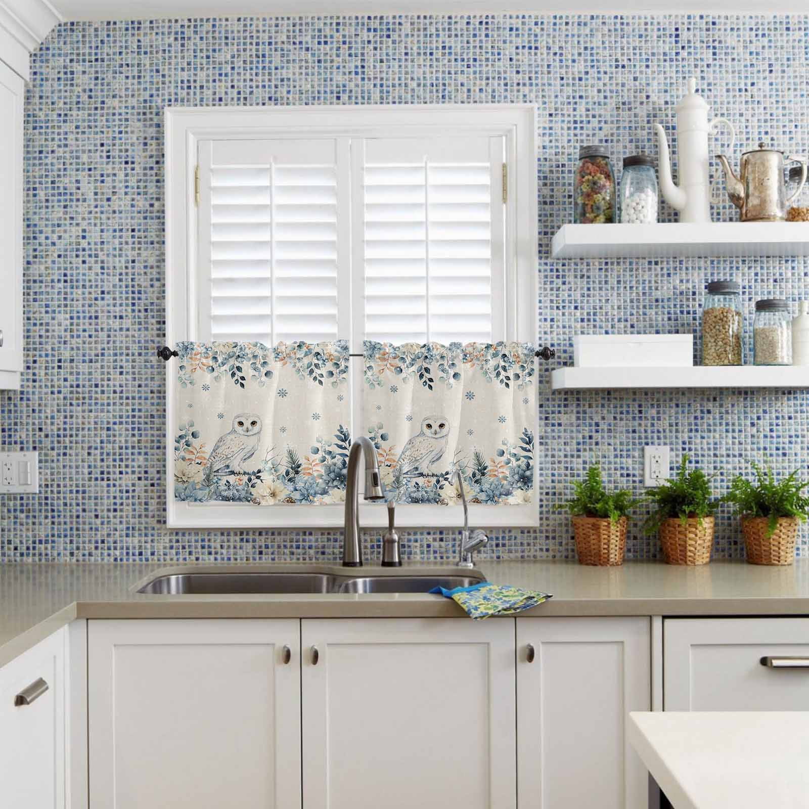 Christmas Owl Kitchen Curtains and Valances Set, Blue Eucalyptus Leaves Floral Winter Linen Rod Pocket Window Valance Window Curtain Panels for Living Room Bedroom Laundry, 27.5x36in, 3 Pieces