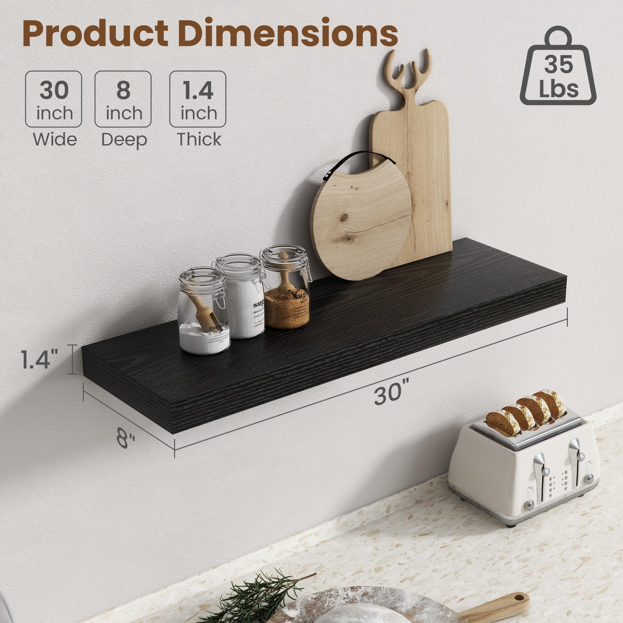 30 Inch Floating Shelves For Wall  8 Deep Shelf Storage & Display Rustic Mounted With Invisible Brackets Living Room Kitchen Bathroom Home Decor Set Of 2 Black