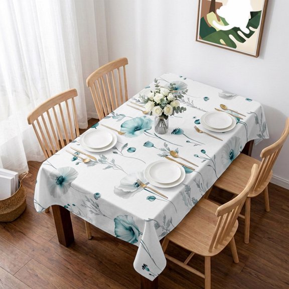 Turquoise Flowers Table Cloth Waterproof Tablecloths, Farmhouse Spring Botanical Floral Tablecloth Dining Table Cover for Kitchen Party Tabletop Outdoor, Rectangle Tablecloth 60x102 Inch