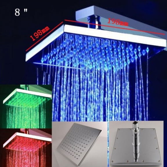 Cascada 8 Inch Square Multi Color LED Rain Shower Head, Polished Chrome Finish