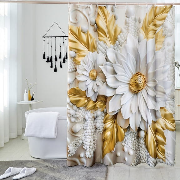 Luxurious Golden Floral Shower Curtain, Beige Tone with White Flower Pearlescent Fabric Bathroom Decor, Waterproof & Washable Shower Curtain Set with Hooks, 72x72 Inch