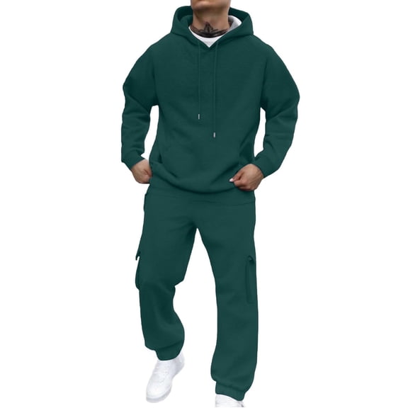 Jerdar Fashion Men Casual Pullover Hooded Sports Solid Long Sleeve Trousers Elastic Waist Pant Drawstring Pockets Set Solid Color Loungewear