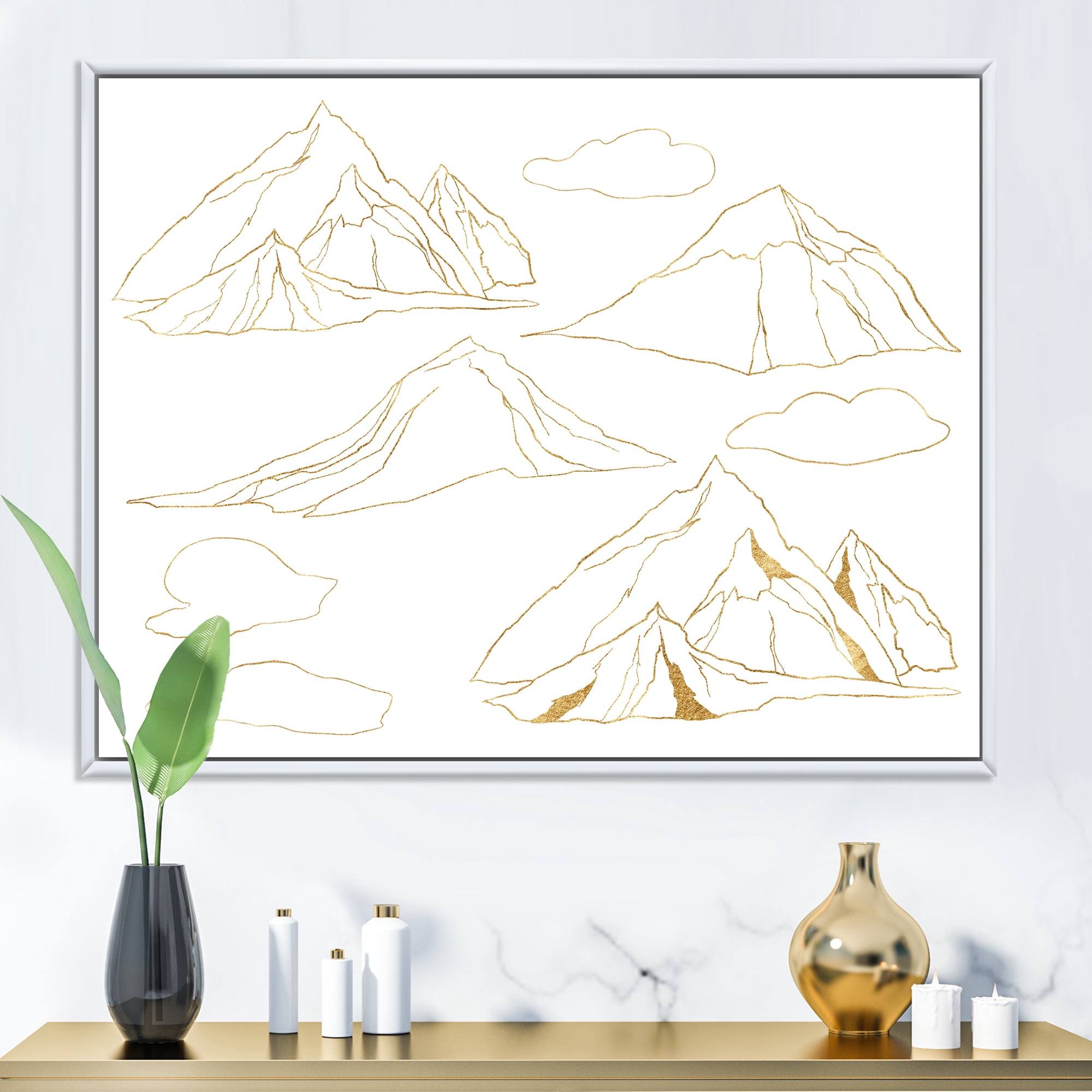 Minimalistic Gold Linear Set Of Clouds and Mountains 40 in x 30 in Framed Painting Canvas Art Print, by Designart