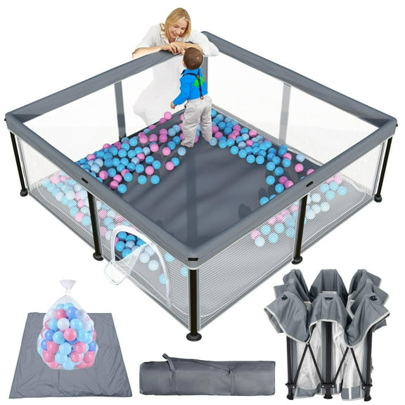 G TALECO GEAR Baby Playpen with Mat, Foldable Playpen for Babies and Toddlers, Portable Travel Play Yard, 50"x50", Gray