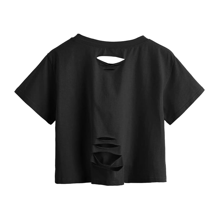 Mittory Women's Summer Short Sleeve Tee Distressed Ripped Crop T