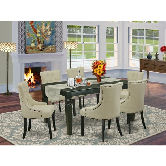 7-Piece Dinette Set - Kitchen Table with Leaf6 Parsons Chairs - Beige Fabric, Black Finish