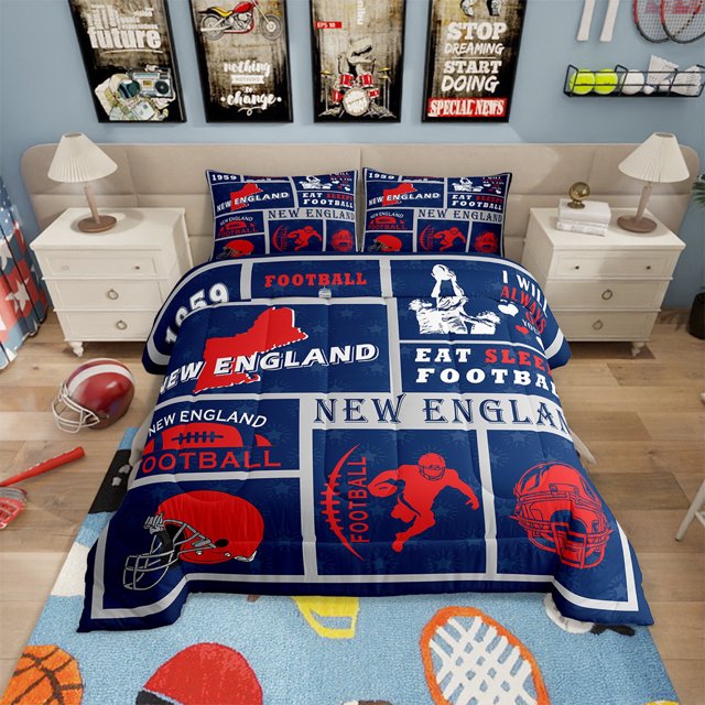 Erosebridal Ensembles de Literie de Sport pour Enfants Garçons Filles, Ensemble de Literie de Football Très Grand, Couette en Duvet Rugby pour Fan de Football, Ensemble de Lit Réversible avec 2 Taies d'Oreiller Doux (Nouvelle Angleterre)