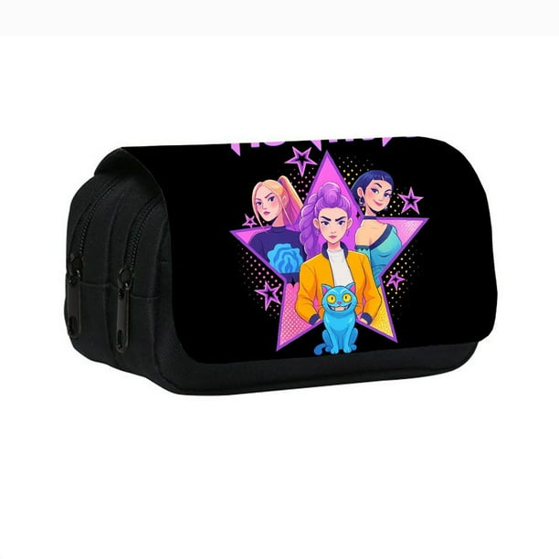 Kpo-p Demon Hun-ter Leather Flap Pencil Case,8" Cosmetic Bag, Zipper Organizer, Leather Flap Stationery Bag
