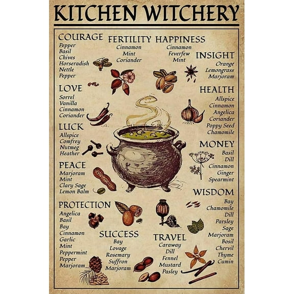 Vintage Metal Tin Signs - kitchen Spice and Cooking Herbs Witchcraft Witch - Tin Sign Witch Gifts - 12 X 8 inch