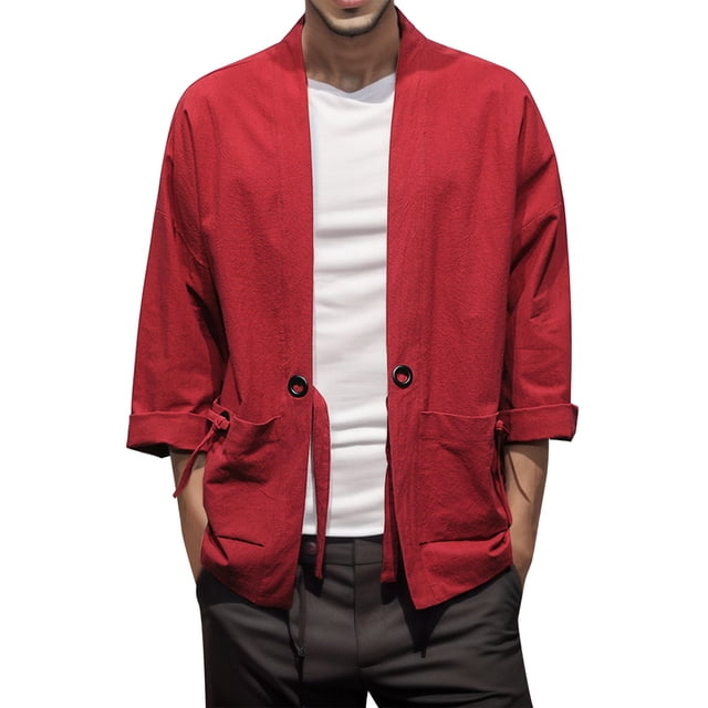 SHIXIAOO Mens Style National Style Retro Loose Thin Cardigan Kimono Japanese Robe 7 Cropped Sleeve Coat Plus Size Retro Tang Suit Hood Cardigan Men Cardigan for Men Zip up Mens Cardigans Sweaters Tan