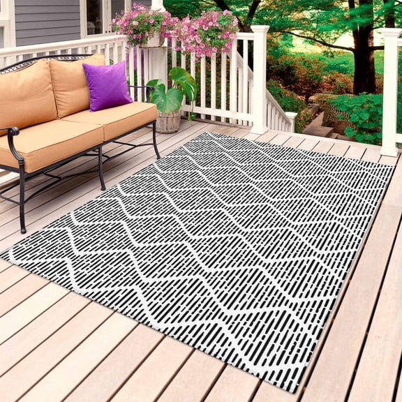 Black White Outdoor Rug 4x6 Ft, Non Slip Washable Area Rug, Modern Abstract Art Farmhouse Patio Rugs Carpet Runner, Large Floor Mat for Indoor/Outdoor Deck Porch Camping
