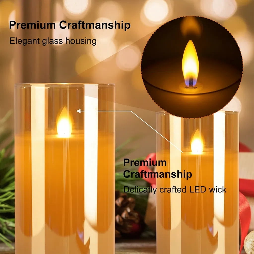 Goldprice Rechargeable Flameless Candle, LED Flickering Candles Tea Lights Pillar Candles Sets with Adjustable Brightness and Timing Remote, Battery Operated Acrylic USB Candles (D 3”×H 4”5”6”)