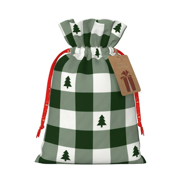 Naloa Green White Lumberjack Plaid Drawstring Christmas Bags, 3D Xmas Gift Bags, Christmas Wrapping Bags, Xmas Goodie Bags, Treat Pouch Bags, Party Favor Bags-