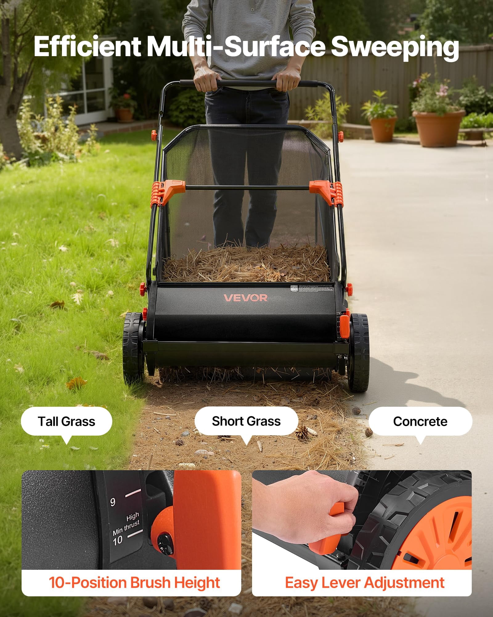 Hand Push Lawn Sweeper, 26 Inch Leaf & Grass Collector 7 cu. ft Hopper Bag Capacity. with Adjustable Brush Height