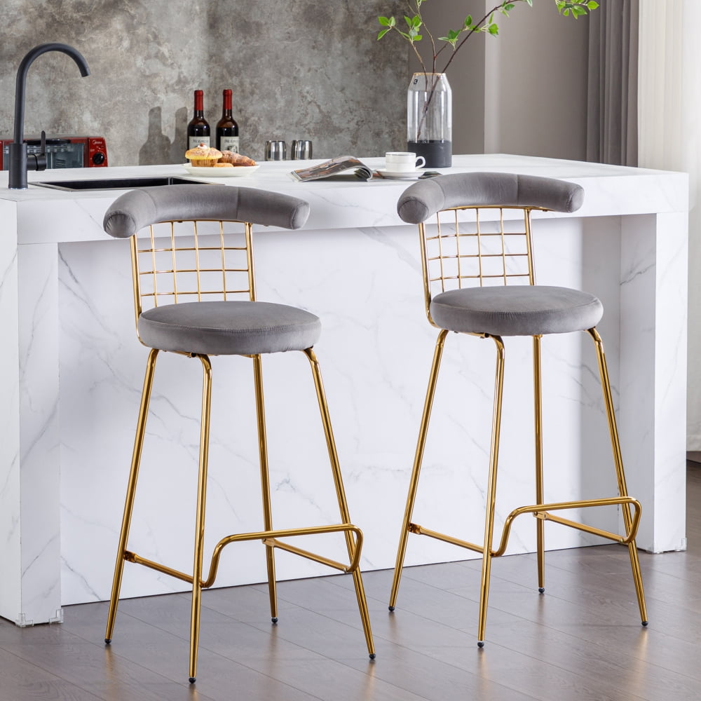 Bar Stool Set of 2, Velvet Upholstered Counter Height Bar Chairs with ...
