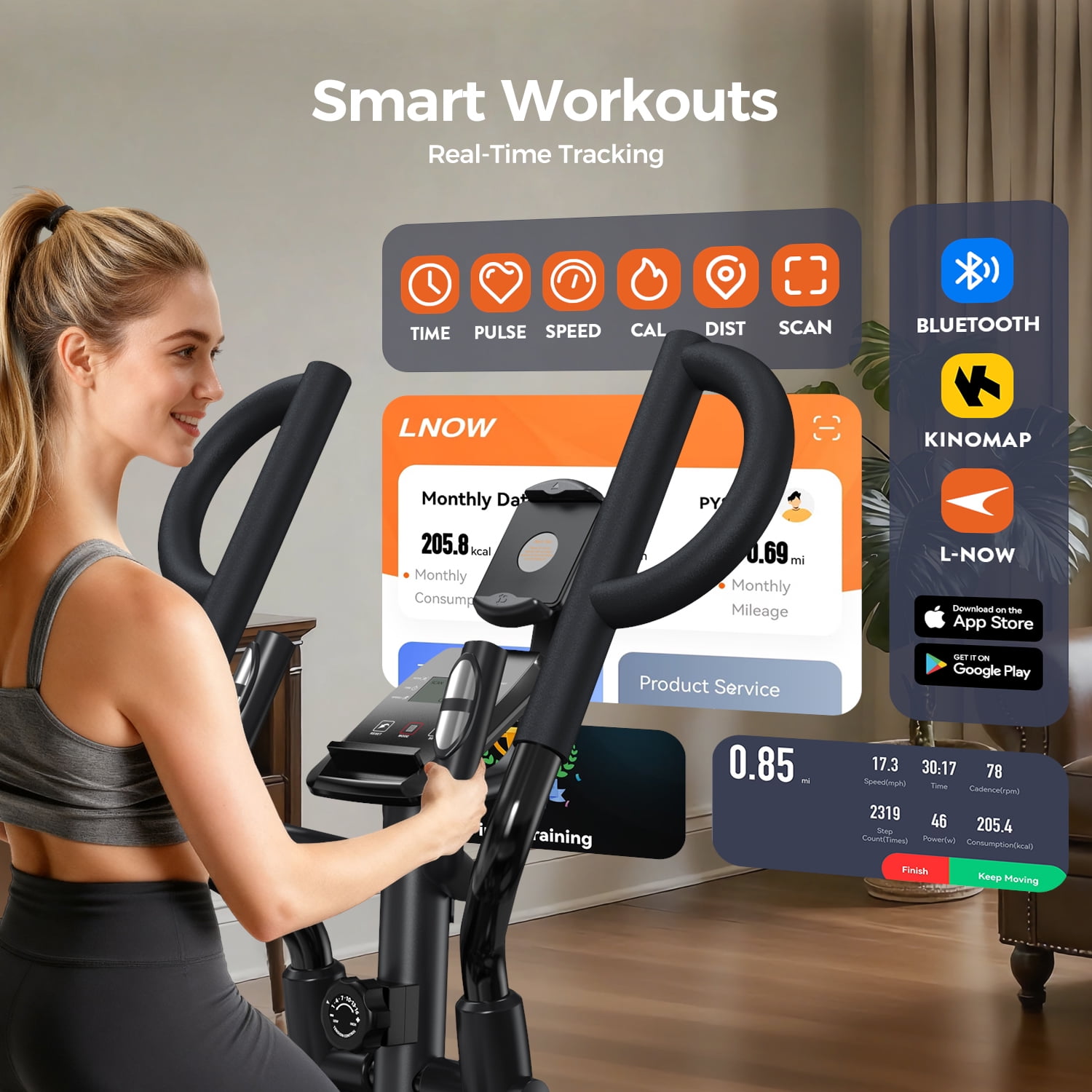 HASIMAN Elliptical Machine 16 Levels Resistance  Built-in Blue Elliptical Trainers with LCD Monitor Smooth Quiet Driven 400lbs Capacity 15.5inch Stride Length