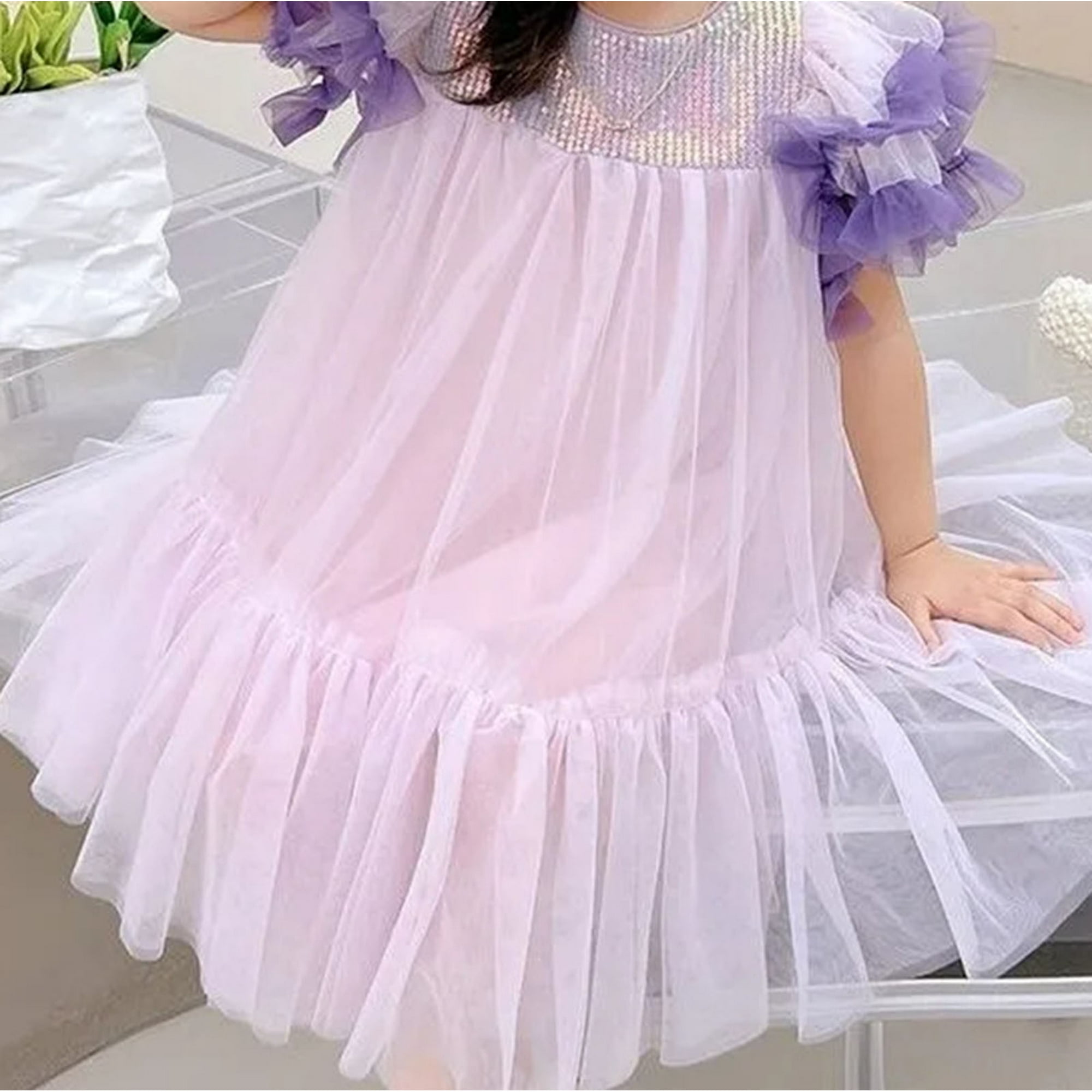Big Kid Girl Dress and Dress Summer New Short Sleeved Round Neck Purple Girl Fashion Mesh Princess Dress Girls Clothes Purple 120